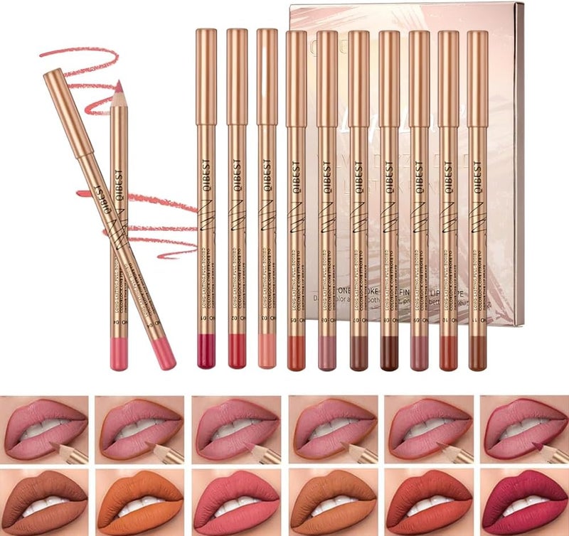 LOPHE 12 Color Matte Lip Liner High Pigmented Nude Pencil Set with Waterproof Long Lasting Natural Makeup for Plumping and Defining