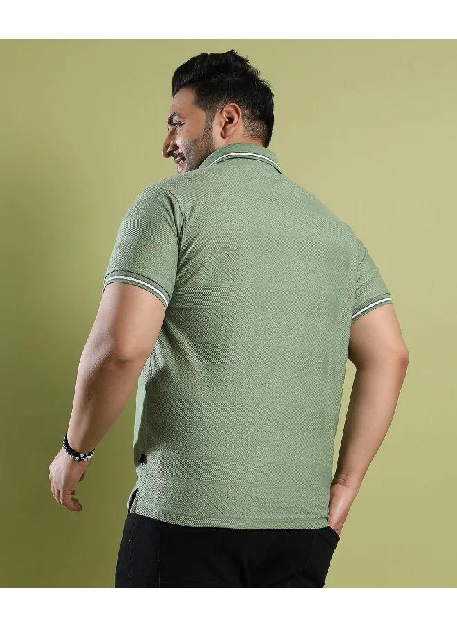 Instafab Plus Men's Olive Green Self-Design Horizontal Striped T-Shirt