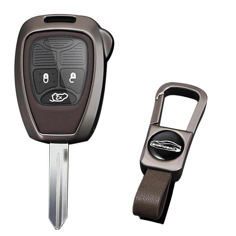 KUNIO Leather Metal Car Key Fob Cover Fit for Jeep Grand Cherokee Wrangler JK Commander Chrysler 300C Keychain Key Holder Automotive Interior Accessories C Brown - Image 1