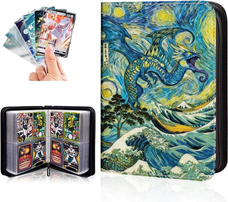 Extalas 100 Bonus Sleeves Included - Trading Card Binder Fits 400+ Cards, 4-Pocket Collector Album Compatible with PTCG, MTG, YGO and Sports Cards - Waterproof PU Leather Card Holder Case (Dragon) - Image 1