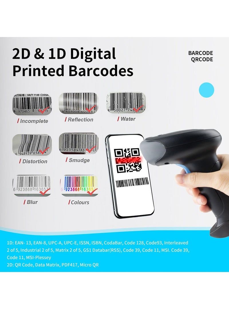 Wireless Barcode Scanner 1D 2D QR Code Scanner Handheld Laser Bar Code Reader 3 in 1 with Bluetooth 2.4G Wireless and USB Wired 100m Transmission Distance Shock Dust Proof Hands Free - Image 2