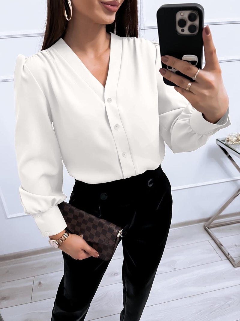 Flowyair Women's Business Casual Tops Summer Long Sleeve Button Down Shirts V Neck Chiffon Blouses A-White - Image 3