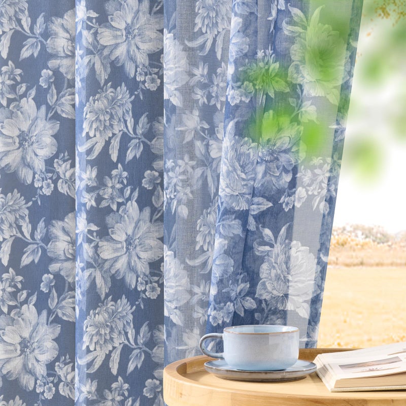 FOLKSIDE Blue Floral Sheer Curtains 84 Inches Long for Bedroom Modern Leisure Light Filtering Federal Blue Flower Print Sheer Curtains for Living Room Cottage Rod Pocket Window Drapes, 2 Panels Set, 52x84 - Image 1