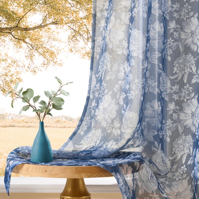 FOLKSIDE Blue Floral Sheer Curtains 84 Inches Long for Bedroom Modern Leisure Light Filtering Federal Blue Flower Print Sheer Curtains for Living Room Cottage Rod Pocket Window Drapes, 2 Panels Set, 52x84 - Image 4
