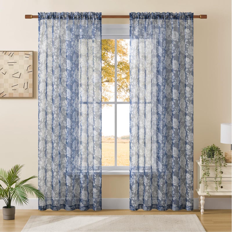 FOLKSIDE Blue Floral Sheer Curtains 84 Inches Long for Bedroom Modern Leisure Light Filtering Federal Blue Flower Print Sheer Curtains for Living Room Cottage Rod Pocket Window Drapes, 2 Panels Set, 52x84 - Image 2