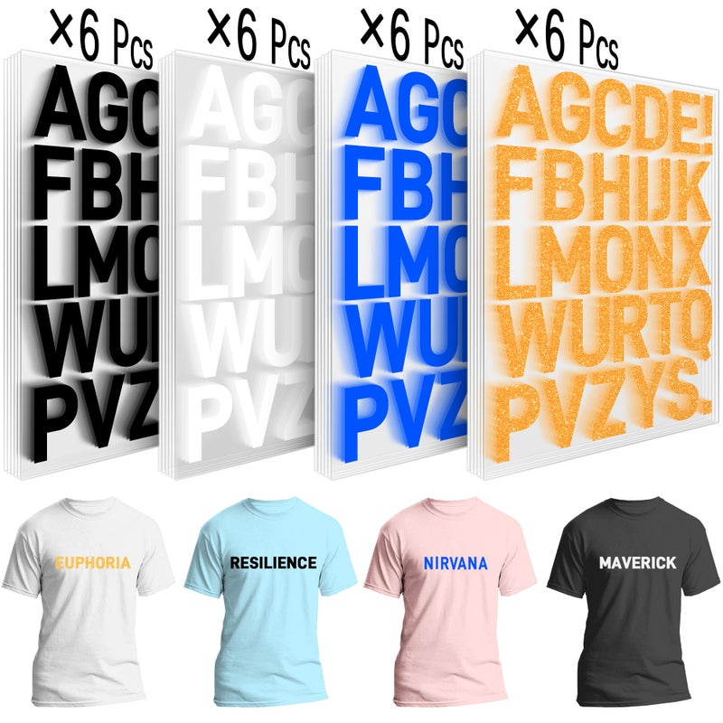 Flowing Fun 24 Sheets Iron on Letters, Heat Transfer Iron-On Letters for Clothing, T-Shirts and Their Fabrics Printing DIY Craft(Gold, Blue, White, Black) - Image 3