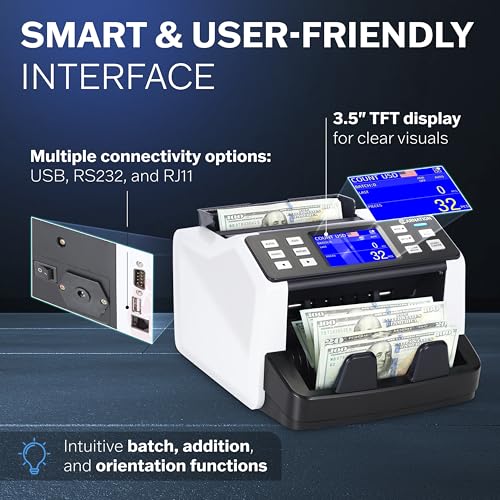 Carnation CN5 Money Counter Machine Mixed Denomination Value Counting UV/MG/IR/DD Counterfeit Detection, USD, EUR, MXN, GBP and CAD Business Money Counter - Image 5