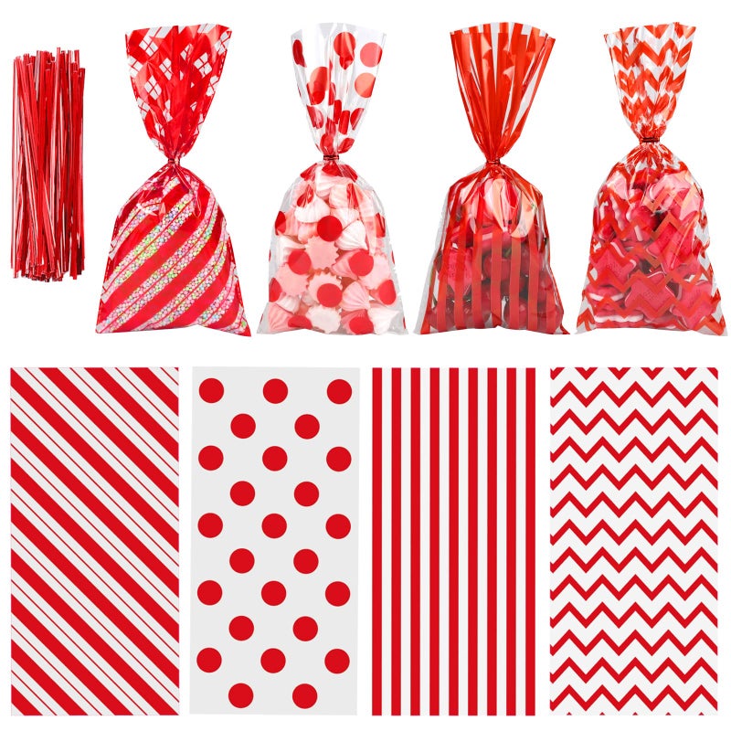 Aneco 100 Pack Red Cellophane Bags 106 x 51 Inch Plastic Candy Bags Gift Bags Goodie Bags with Twist Ties for Valentine Birthday Gift Cookie Snack Packing Party Favor Supplies