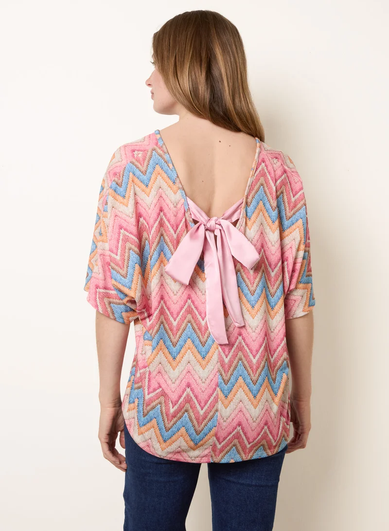 Blue Vanilla Zig Zag Metallic Bow Back Top