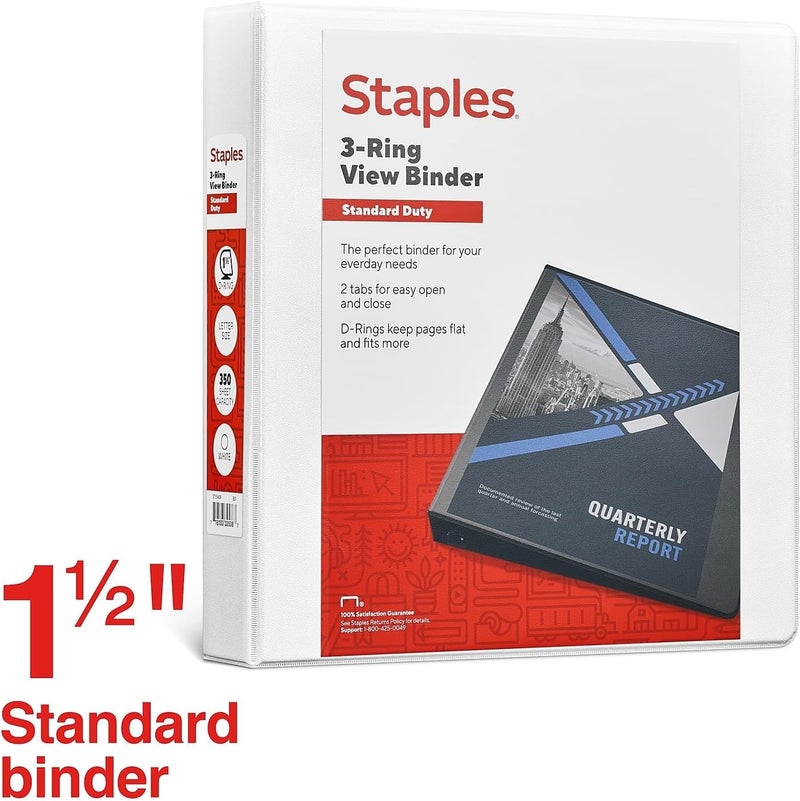 Staples 3-Ring Binder, 1.5 Inch D-Ring Organizer for Home, Office, School, Holds up to 350-Sheets, White - Image 2