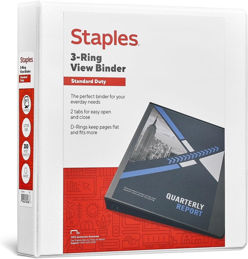 Staples 3-Ring Binder, 1.5 Inch D-Ring Organizer for Home, Office, School, Holds up to 350-Sheets, White - Image 1