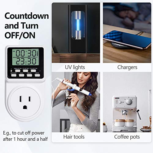 Techbee Digital Infinite Repeat Cycle Intermittent Timer Plug for Electrical Outlet, 24 Hour Programmable Indoor Timed Power Switch with Countdown Delay On and Off (120V, 15A), 1 pack - Image 4