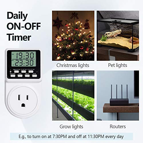 Techbee Digital Infinite Repeat Cycle Intermittent Timer Plug for Electrical Outlet, 24 Hour Programmable Indoor Timed Power Switch with Countdown Delay On and Off (120V, 15A), 1 pack - Image 2