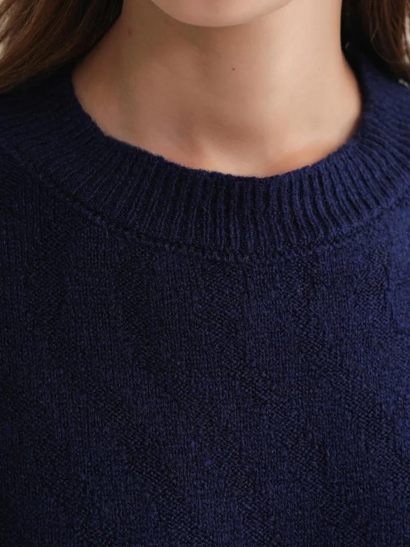 Mixray Navy Blue Mixray Ribbed Knitwear Pullover Sweater with Hair Braid Pattern for Women | Best Price UAE