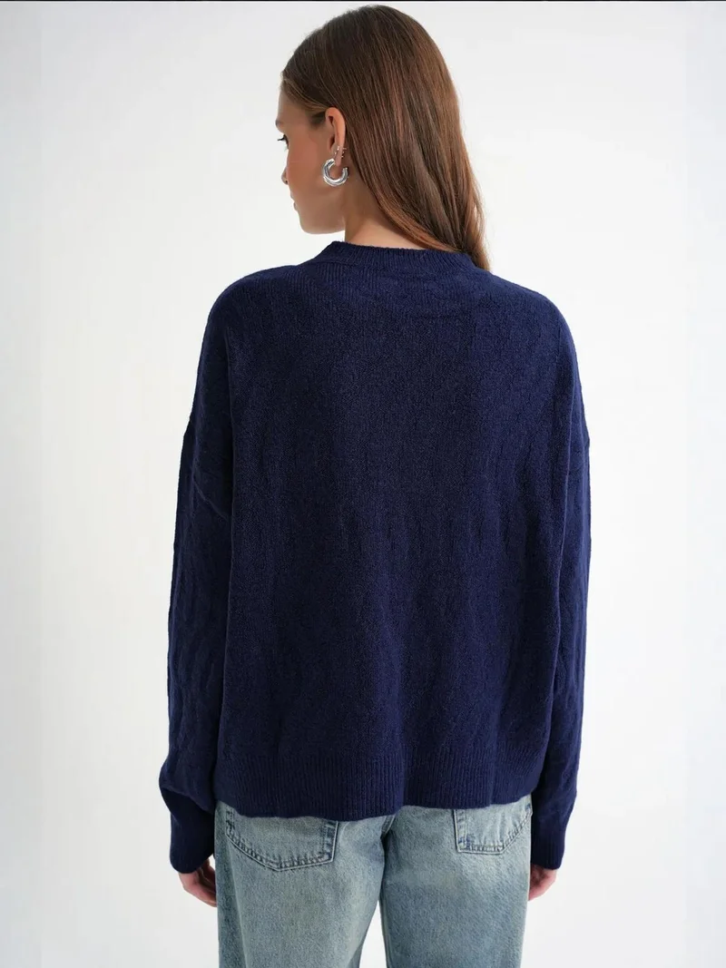 Mixray Navy Blue Mixray Ribbed Knitwear Pullover Sweater with Hair Braid Pattern for Women | Best Price UAE