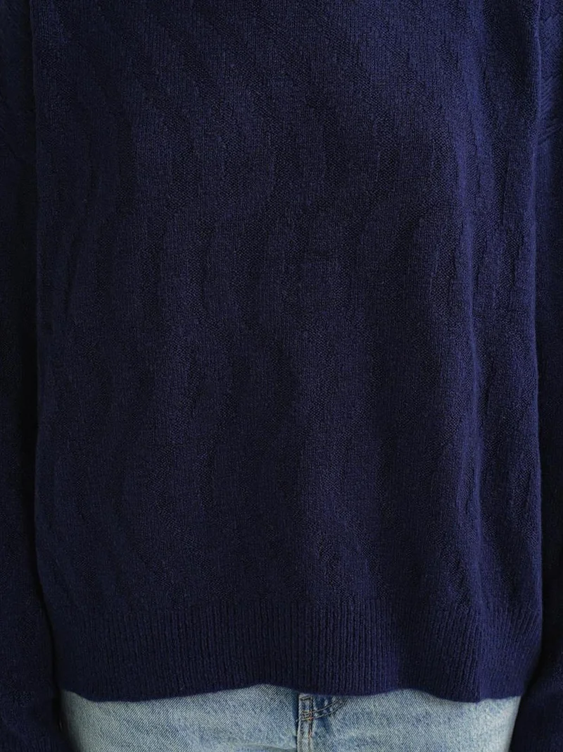 Mixray Navy Blue Mixray Ribbed Knitwear Pullover Sweater with Hair Braid Pattern for Women | Best Price UAE