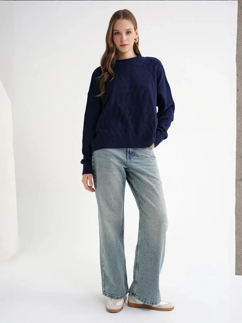 Mixray Navy Blue Mixray Ribbed Knitwear Pullover Sweater with Hair Braid Pattern for Women | Best Price UAE