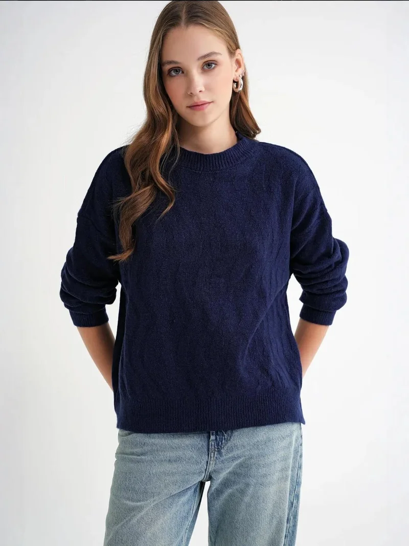 Mixray Navy Blue Mixray Ribbed Knitwear Pullover Sweater with Hair Braid Pattern for Women | Best Price UAE
