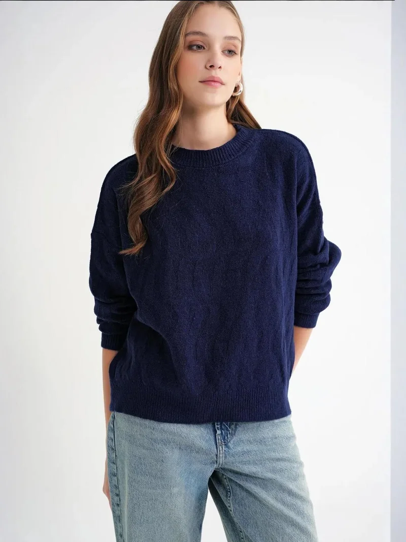 Mixray Navy Blue Mixray Ribbed Knitwear Pullover Sweater with Hair Braid Pattern for Women | Best Price UAE