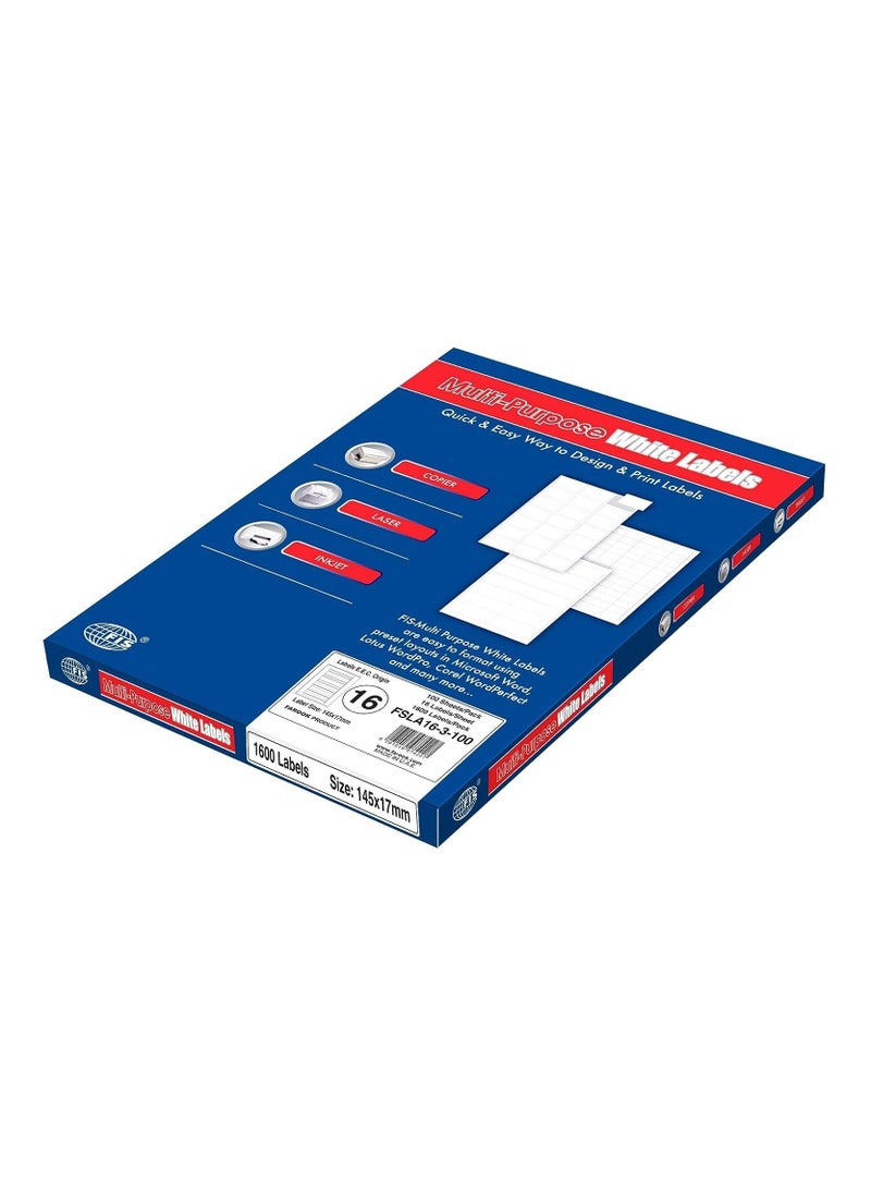 FIS FIS Multipurpose Laser Labels, Colour White, Size 145X17MM (16 Stickers x 100 Sheet)  1600 Labels, Size : A4 (21X29.7 CM) , Pack of 100 Sheets -FSLA16-3-100  - Image 2