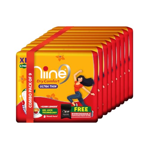 Niine Dry Comfort Ultra-Thin (XL) Pads | Day & Night Protection | With Fluid Lock Gel & Comfortable |Disposable Bags| for Heavy Flow - 54 Pads (Pack of 9) - Image 1