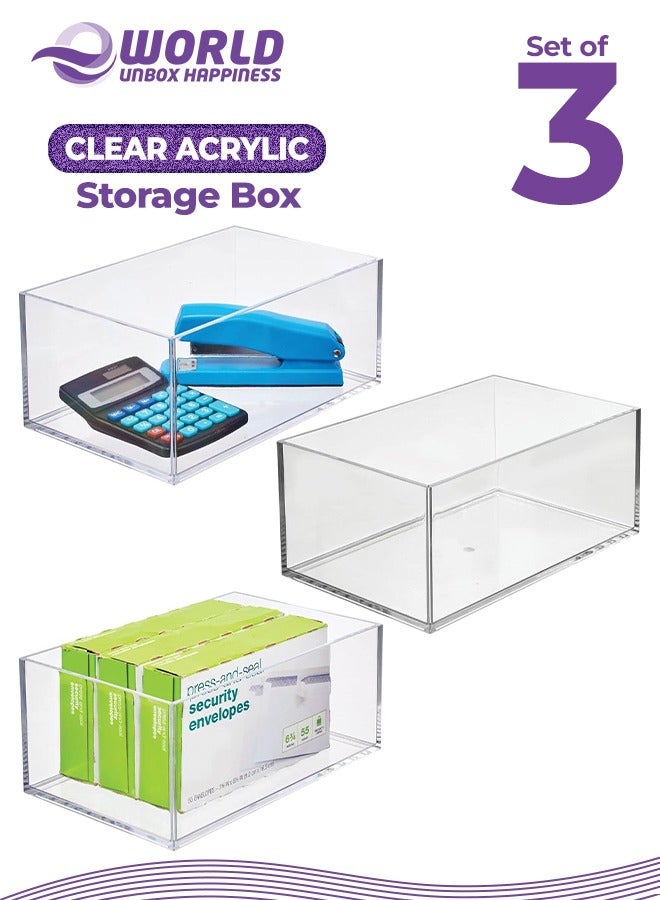 Eworld Set of 3 Clear Stackable Plastic Storage Containers, Perfect for Cabinets, Drawers, Desks, and Workspace Organization, Keep Pens, Pencils, Highlighters, and Notebooks Neatly Sorted.  - Image 1