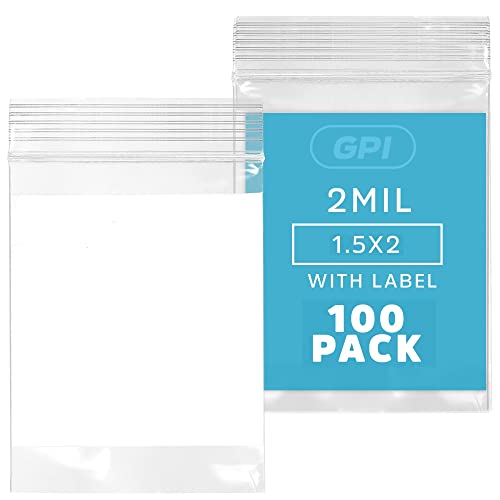 GPI Pack of 100 1.5" x 2" Clear Plastic Reclosable Zip Jewelry Bags - Bulk 2 mil Thick Strong & Durable Poly Baggies With Resealable Zipper Top Lock & write-on white block, for storage & shipping - Image 1