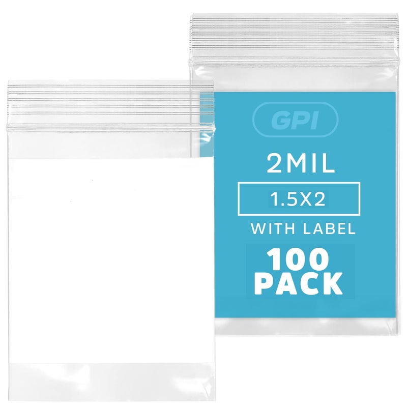 GPI Pack of 100 1.5" x 2" Clear Plastic Reclosable Zip Jewelry Bags - Bulk 2 mil Thick Strong & Durable Poly Baggies With Resealable Zipper Top Lock & write-on white block, for storage & shipping - Image 5