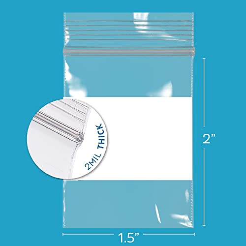 GPI Pack of 100 1.5" x 2" Clear Plastic Reclosable Zip Jewelry Bags - Bulk 2 mil Thick Strong & Durable Poly Baggies With Resealable Zipper Top Lock & write-on white block, for storage & shipping - Image 2