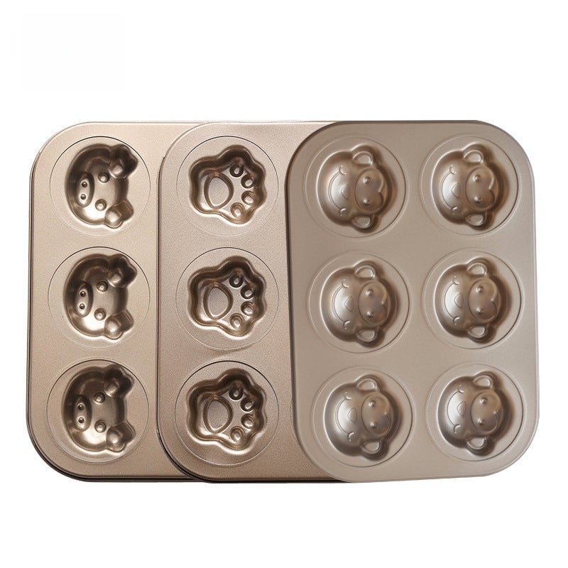 6 even fish rabbit bear mixed six even cake mold baking mold non-stick cartoon baking tray baking tools(Pink 6 even pig head) - Image 5