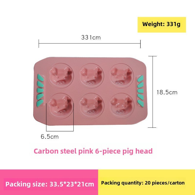 6 even fish rabbit bear mixed six even cake mold baking mold non-stick cartoon baking tray baking tools(Pink 6 even pig head) - Image 1