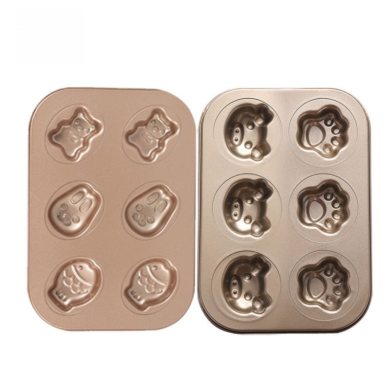 6 even fish rabbit bear mixed six even cake mold baking mold non-stick cartoon baking tray baking tools(Pink 6 even pig head) - Image 3