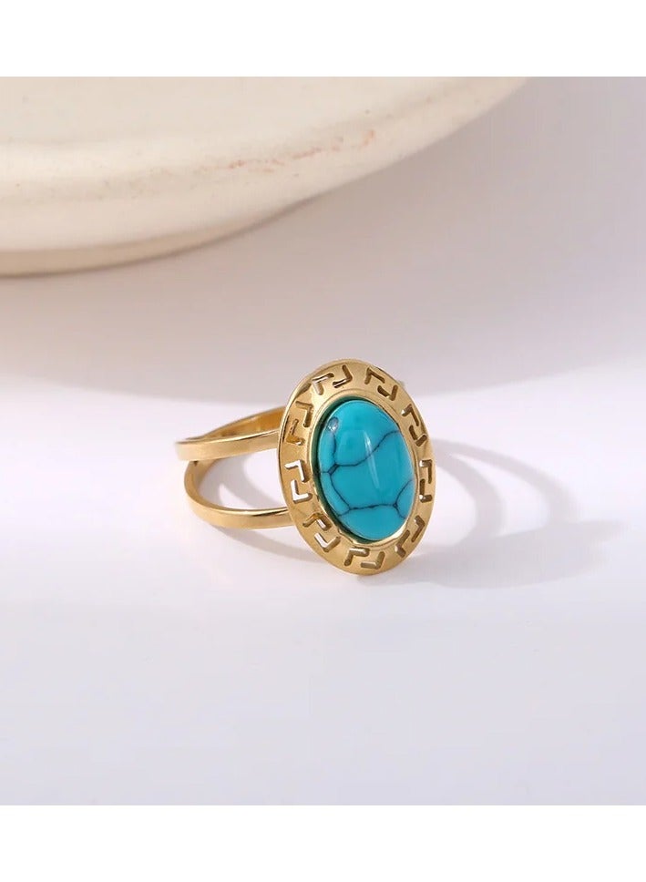 ذا بلاك بيرل اكسسوريز خاتم أستانليس ستيل ذهبي مرصع بحجر فيروزي مقاس 8