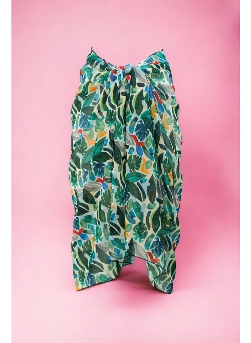 Pistore Tropical Patterned Abstract Green Long Pareo Chiffon Women's Beach Dress New Season - Image 2