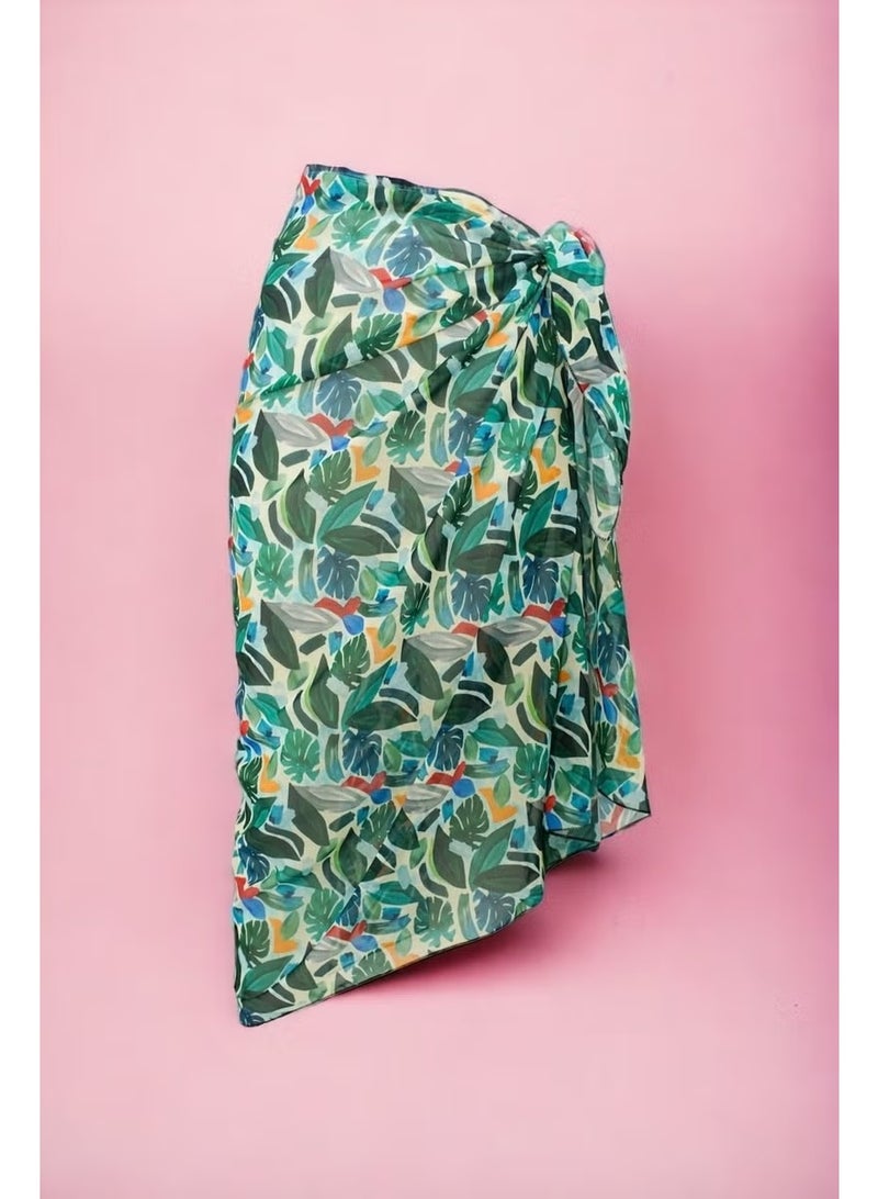 Pistore Tropical Patterned Abstract Green Long Pareo Chiffon Women's Beach Dress New Season - Image 3