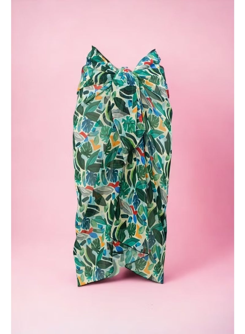 Pistore Tropical Patterned Abstract Green Long Pareo Chiffon Women's Beach Dress New Season - Image 1