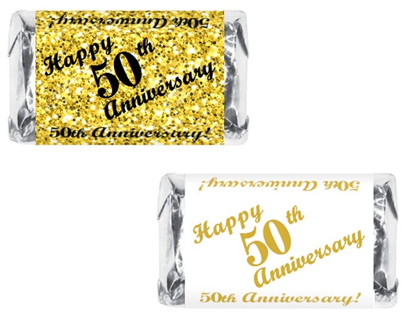 50th Anniversary Miniatures Candy Bar Wrapper Set of 60 Mini Candy Chocolate Bar Stickers Gold and White Candy Not Included Made in USA