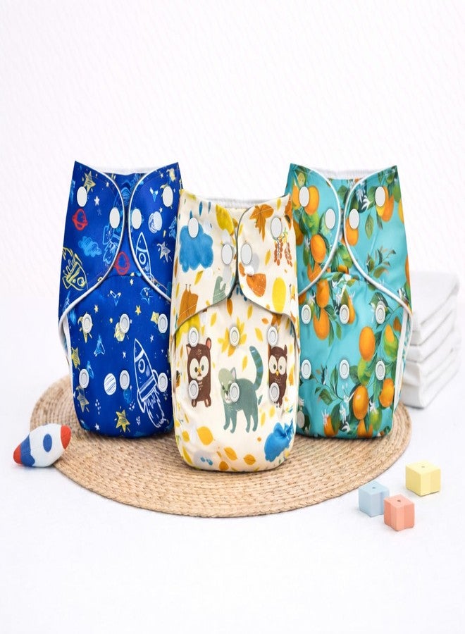 MOMSARC Cotton Cloth Diapers for Baby | Washable & Reusable Baby Diapers | Free Size 0-3 Years | Leak Proof Cloth Diaper with Quick Dry Pad & 3 Inserts | Rash-Free | Multicolor (Pack of 3) - Image 1