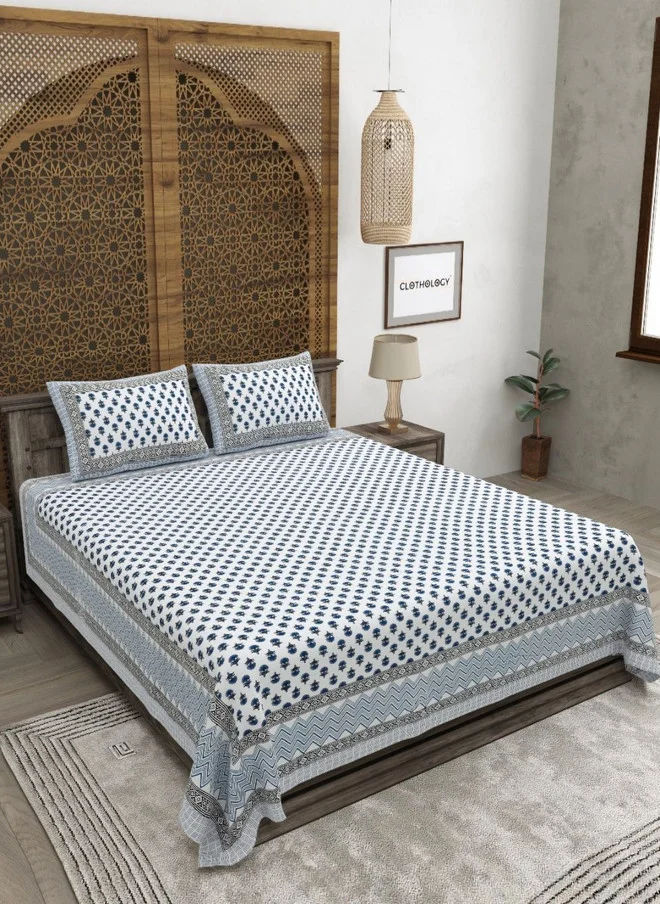 CLOTHOLOGY CLOTHOLOGY Blue & White Floral Printed 180 TC Cotton King Bedsheet with 2 Pillow Covers