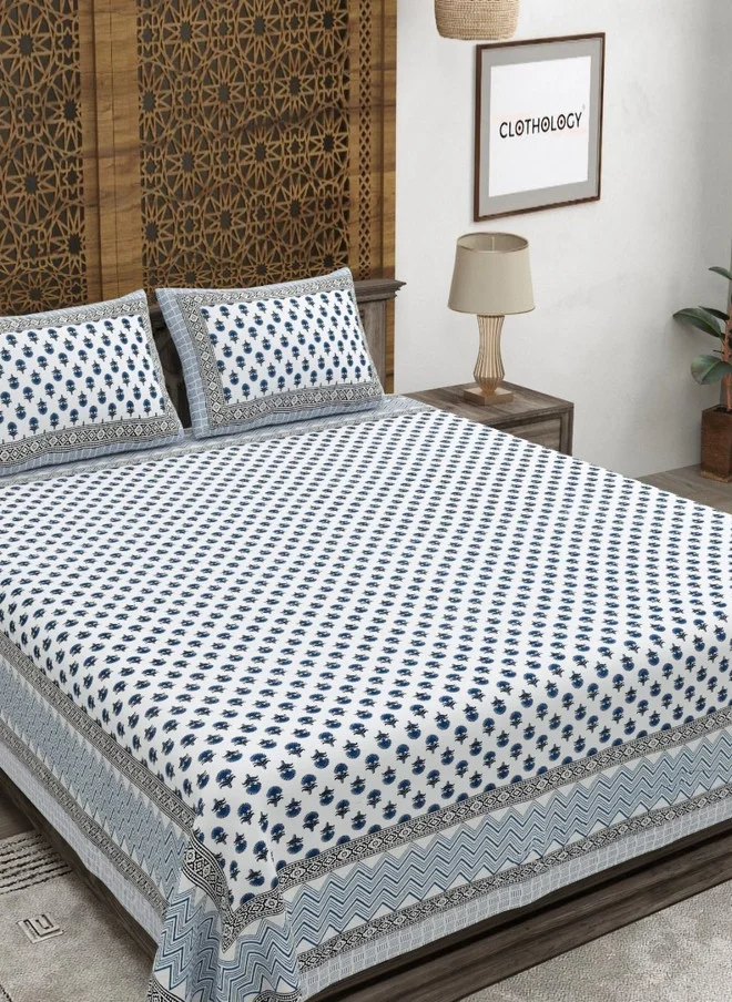 CLOTHOLOGY CLOTHOLOGY Blue & White Floral Printed 180 TC Cotton King Bedsheet with 2 Pillow Covers