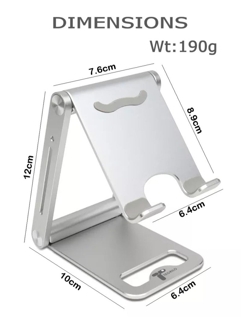 TEGRILO Foldable Phone Holder Adjustable Aluminum Mobile Stand for iPhone 14/14 Pro Max SE 3/ 13 Mini/13 Pro Max 12 Mini/12 Pro Max/11 XS XR 8 Galaxy S22 S21 S20 and more (Silver) - Image 2