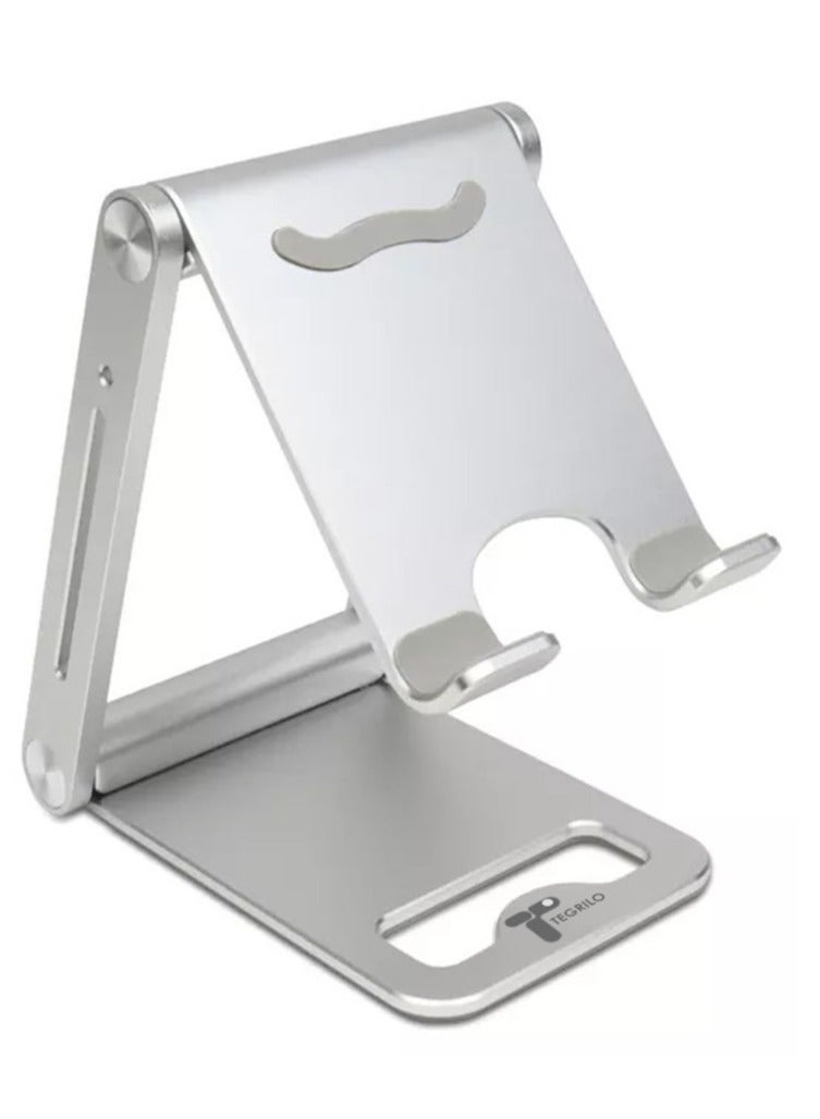TEGRILO Foldable Phone Holder Adjustable Aluminum Mobile Stand for iPhone 14/14 Pro Max SE 3/ 13 Mini/13 Pro Max 12 Mini/12 Pro Max/11 XS XR 8 Galaxy S22 S21 S20 and more (Silver) - Image 1