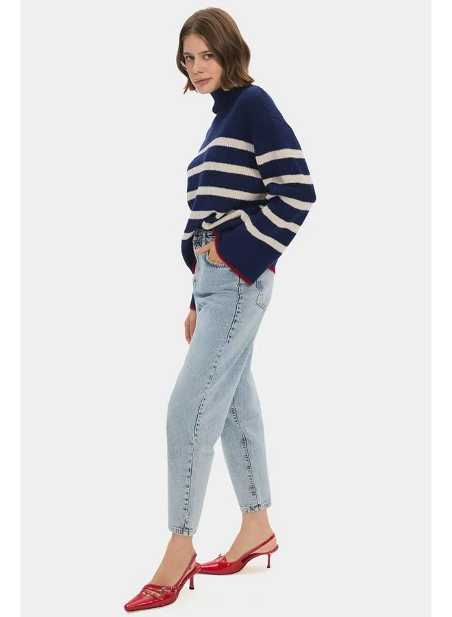 JUNE June Women High Collar Striped Knitwear Sweater Navy