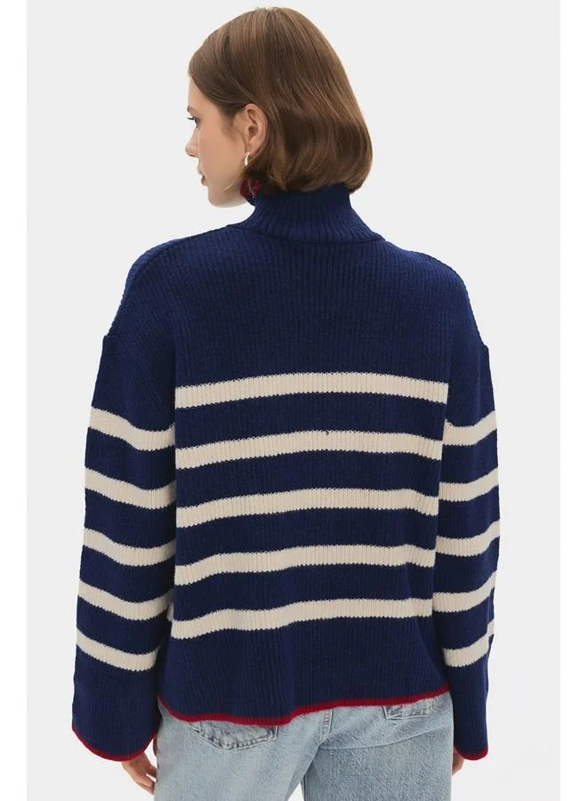 JUNE June Women High Collar Striped Knitwear Sweater Navy