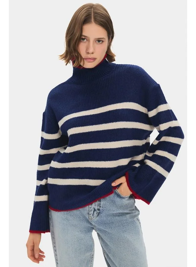 JUNE June Women High Collar Striped Knitwear Sweater Navy