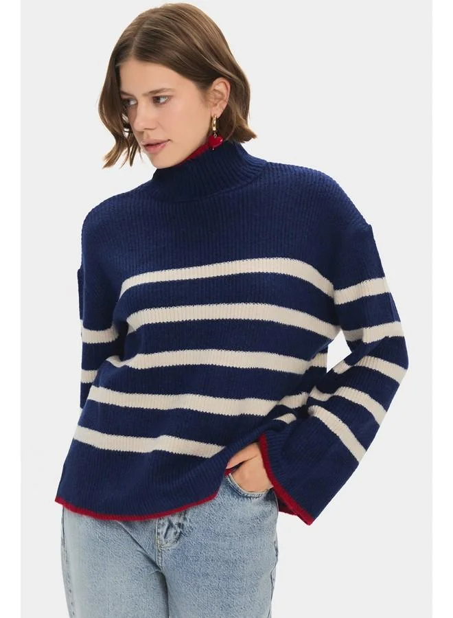 JUNE June Women High Collar Striped Knitwear Sweater Navy