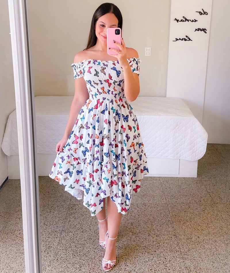 2024 Off-Shoulder Irregular Midi Dress Digital Print Black and White