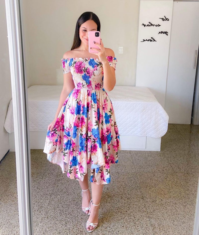 2024 Off-Shoulder Irregular Midi Dress Digital Print Black and White