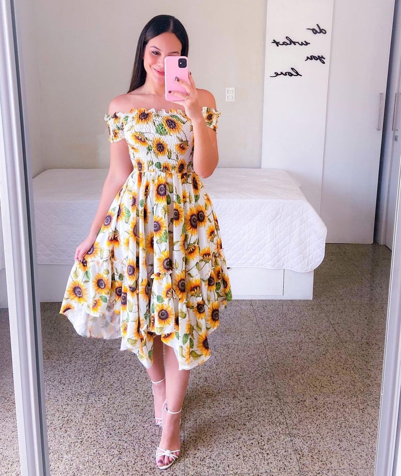 2024 Off-Shoulder Irregular Midi Dress Digital Print Black and White