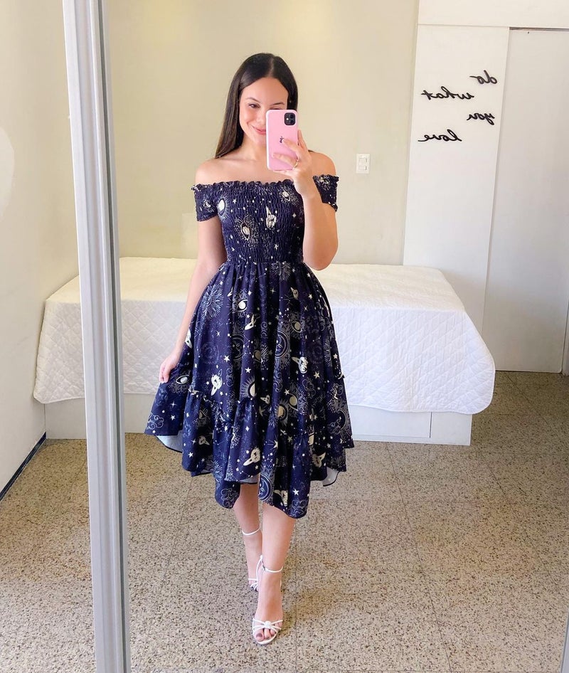 2024 Off-Shoulder Irregular Midi Dress Digital Print Black and White